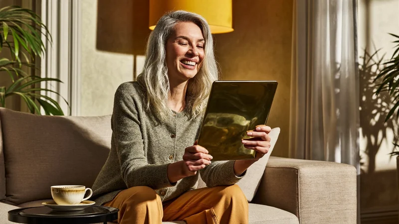 Illustrazione: una nonna ride durante una videochiamata dal tablet sul divano.