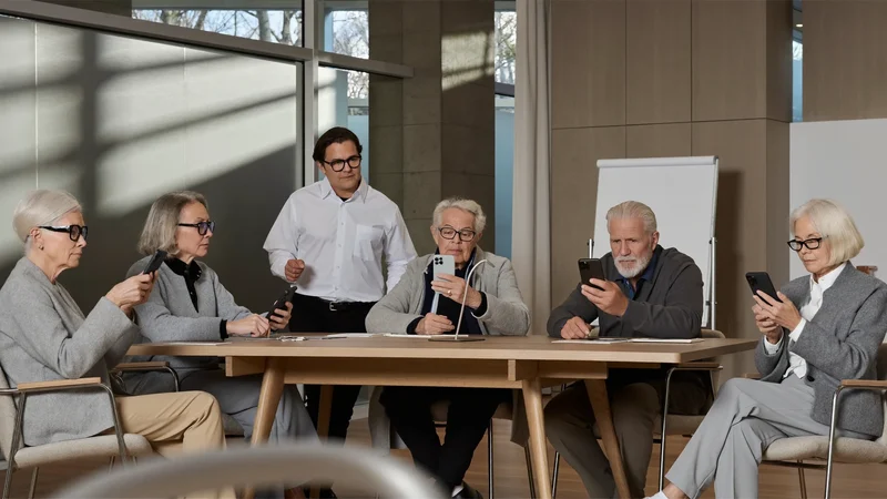 Illustrazione: un gruppo di seniori osserva con attenzione il proprio telefono durante un laboratorio.